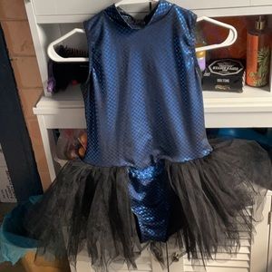 Blue and black dance costume leotard with a half tutu and blue sequins